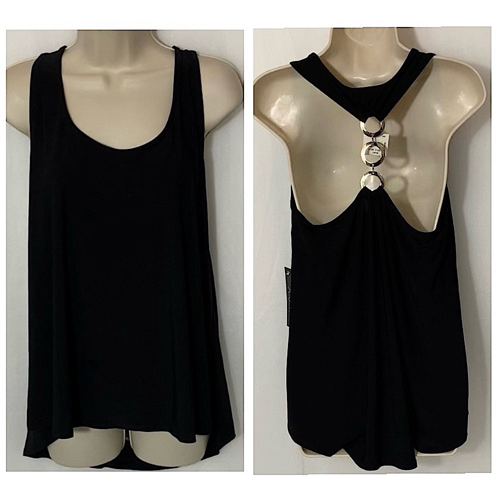 Brand New AUW black tank top blouse with gold chain links in the back